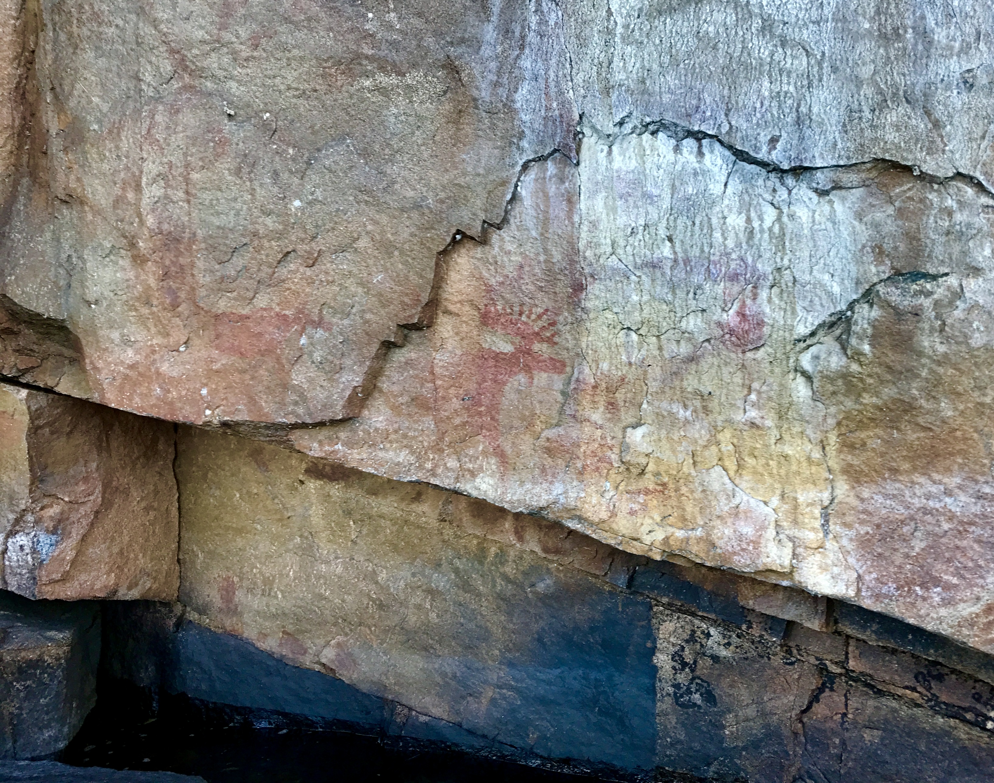 Red ochre pictograph of a moose on a textured rock cliff face in the Canadian wilderness.